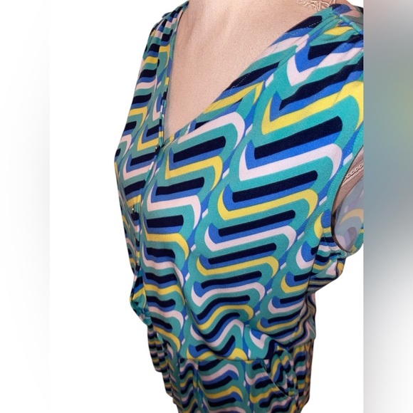 KAARI BLUE One Piece Sleeveless Romper Chevron Pattern Blue/Green/Yellow Medium - Picture 2 of 6